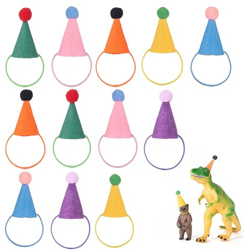 Fiestivo 12Pcs Mini Party Hats for Stuffed Animals Figures Toys Dinosaur Tiny Hats for Crafts Colorful Doll Party Decor Adjustable Cone Hat with Tinsel Pom Pom Birthday Cake Toppers Accessories