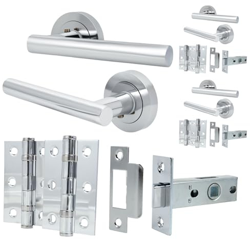 HARDHAWK Door Handle, 3pc, Silver | Modern Door Handle Set with Hinges; Silver T-Bar Lever Handles; Complete Installation Hardware Kit