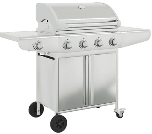 Gasgrill, Grillwagen mit 5 Brennern, silberfarben, Edelstahl
