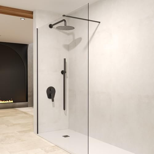 IMEX - Mampara Ducha Fija Negra 100cm Frontal con Brazo de Sujeción | Mampara de Cristal Antical y Perfilería de Aluminio con 200cm de Altura | Vidrio con Grosor 8mm y Sistema de Montaje Fácil