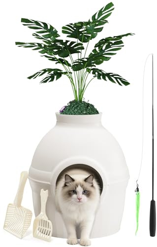Mondeer Katzenklo Blumentopf mit Pflanze & 2 Schaufeln, Versteckte Katzentoilette XXL mit verstellbares Katzenspielzeug, für Wohnzimmer Schlafzimmer Ecke, Weiß