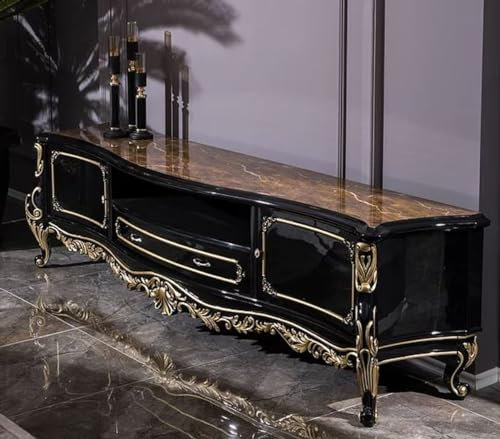 Casa Padrino Luxus Barock TV Schrank Schwarz/Gold 228 x 48 x H. 61 cm - Prunkvoller Massivholz Fernsehschrank - Barock Wohnzimmer Möbel