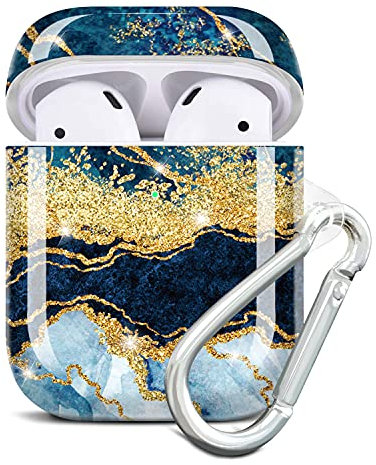 JIAXIUFEN Kompatibel mit AirPods Hülle Stoßfeste Silikon Kopfhörer Taschen Case Schutzhülle Zubehör mit Karabiner Kompatibel mit AirPods 2 & 1, Dunkel Blau