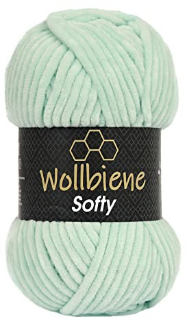Wollbiene Softy 100 Gramm chenille wolle zum häkeln Strickwolle, Babywolle, Chenille Wolle Super Bulky crochet yarn (mint 06)