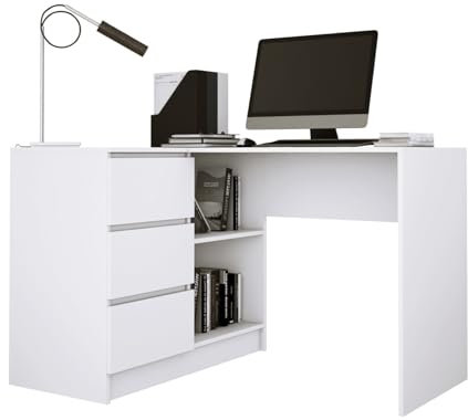 3xEliving Lynna Schreibtisch B16 Left Weiß Kleiner Eckschreibtisch mit DREI Schubladen, Linke Seite, Maße: Höhe: 77 cm, Breite: 124,5/85 cm, Tiefe: 45/48,5 cm