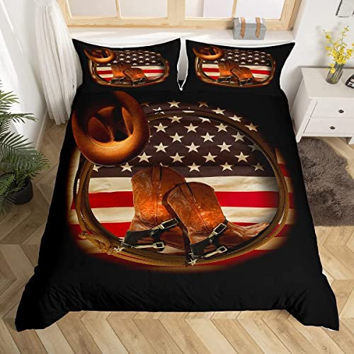 richhome Western Cowboy Double Size Duvet Cover Vintage American Flag Bedding Set 3pcs for Kids Teens Adult Farmhouse Style Retro Boots Comforter Cover Soft Quilt Cover Bedroom Decor Bedspread