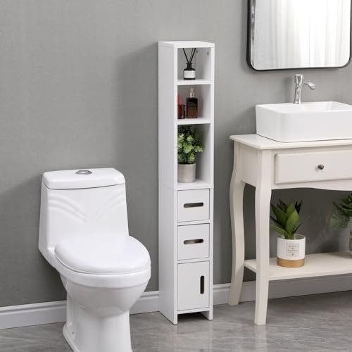 Tall Bathroom Cabinet, Narrow Bathroom Floor Cabinet, Free Standing Storage Cupboard with Door & Open Shelves for Living Room, Wooden Slim Tower Cabinet Tallboy Chest, Toilet Tissue Cabinet, White