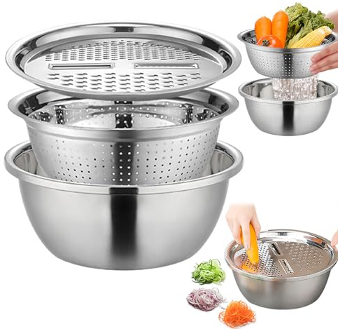 Ensemble de bassins multifonctions en acier inoxydable 3 en 1 - Panier de vidange - Bol mélangeur - Râpe de cuisine - Essoreuse à salade - Fruits - Légumes - Riz - Passoire de lavage pour la cuisine