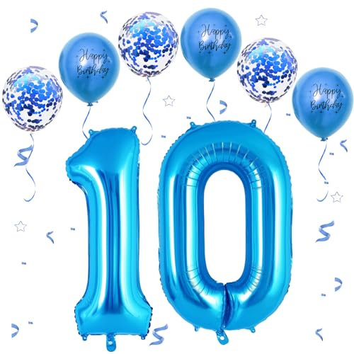 VUCDXOP Blau Luftballon 10, XXL Riesige Geburtstag Ballon 10, 40 - 101cm Ballon Zahl Deko Folienballon Zahlen 1 & 0, Geburtstagsdeko Jubiläum Party Deko, Fliegt mit Helium (Nummer 10)