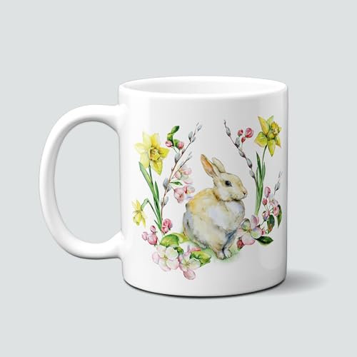 Graffdesign - Tasse - Kaffeebecher - Coffee - Kaffee - Ostern - Easter - Osterhase mit bunten Blumen - G-OT-09