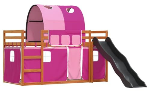vidaXL Kids Twin Bunk Bed with Slide and Pink Curtains, Pine Wood, Safety Guardrails, 195.5 x 97.5 x 113 cm, For 90x190 cm Mattress (Not Included)