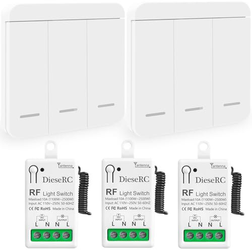 DieseRC Interruttore per Luci Senza Fili, Interruttore Trasmettitore RF per Pannello da Parete 86 e Controller Ricevitore Relè di 10 A, per Luci Fino a 1500 W