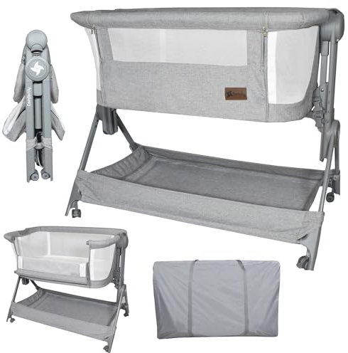 Twinly – Minicuna Colecho Bebé Comfortly con Ruedas | Plegado Rápido, Altura Ajustable 5 Niveles, Cuna Viaje Transpirable 0+ Meses hasta 9 kg, Bolsa Transporte, Colchón – Sin Montaje (Gris)
