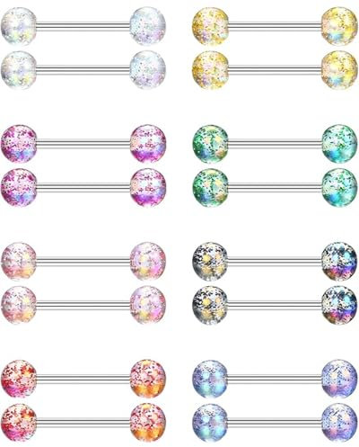 LEEQBCR 16Pcs Piercing Langue Acier Chirurgical Piercing Tetons Femme Piercing Langue Multicolore Piercing Barre Set Plastique Barbell Bijoux de Piercing(8 couleurs)