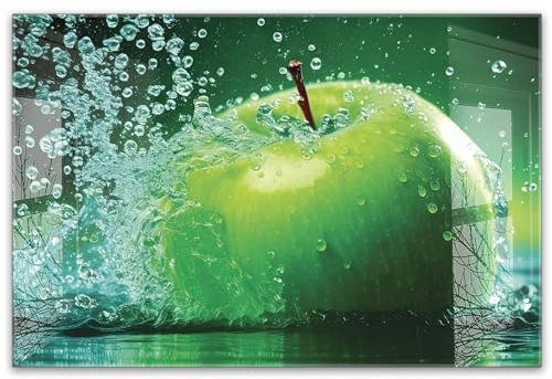 timalo Küchenbild aus Acrylglas modernes Wandbild Glasbild Deko Küche XXL Acryl-Bild wie Glas | 60x40cm Grüner Apfel im Wasser Splash