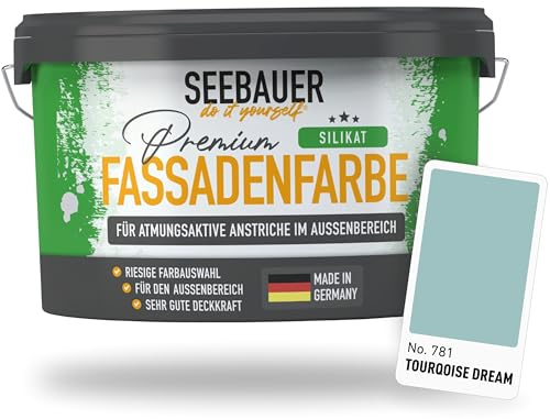 SEEBAUER diy Silikat-Fassadenfarbe Grün 2,5L für Außen (No. 781 Tourqoise Dream) Atmungsaktive Mineralfarbe für Fassaden - Geeignet für Putz, Mauerwerk und Beton