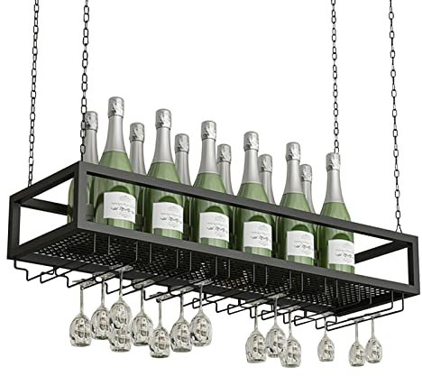 EUEIQCBZ Deckenhänge -Bar Schrank schwarzer Weinregal Weinflasche Rack für Home Deckenwandmontagelsteregal mit hängenden Stammware -Champagner -Glashalter Metal Bar Einheit Hängende Regale/OneColor/