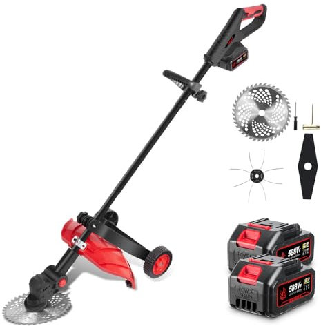 ONEVAN Akku Rasenkantenschneider, Bürstenlos Freischneider Rasentrimmer mit 2 Akkus 4000mAh, 45° Drehbarer, Klappbarer Griff, Elektrisch Kantenschneider Rasen mit Stützräder und Spritzschutz