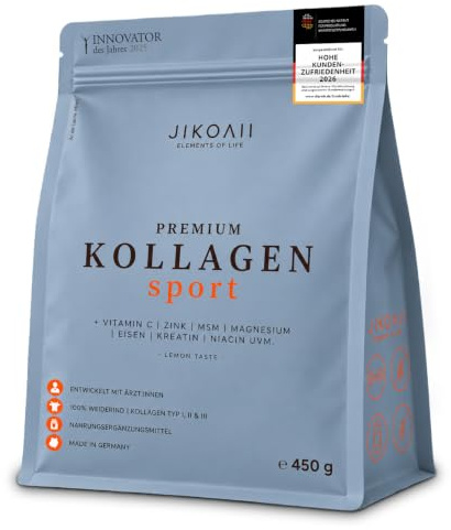 JIKOAII® Kollagen Pulver Sport Typ 1 2 3, Kreatin Magnesium MSM, 450 g | Vitamin C, Collagen Peptide Typ 1 2 3 aus Weiderind, Kreatin Magnesium MSM, für aktive Menschen, Training & Regeneration