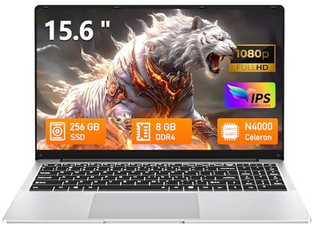 Tunhail Notebook 15,6, Computer Portatile Celeron N4000,8GB RAM 256GB SSD, Win11 Pro PC Portatile, Schermo FHD 1920×1080, Apertura 180°, WiFi 5, Bluetooth 4.2, USB 3.0, HDMI, Slot TF