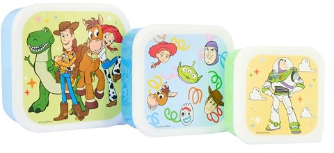 Disney Toy Story - Juego de recipientes de almacenamiento de alimentos anidados de 3 piezas, polipropileno, con Woody, Buzz Lightyear, Jessie, Rex, Bullseye, Aliens