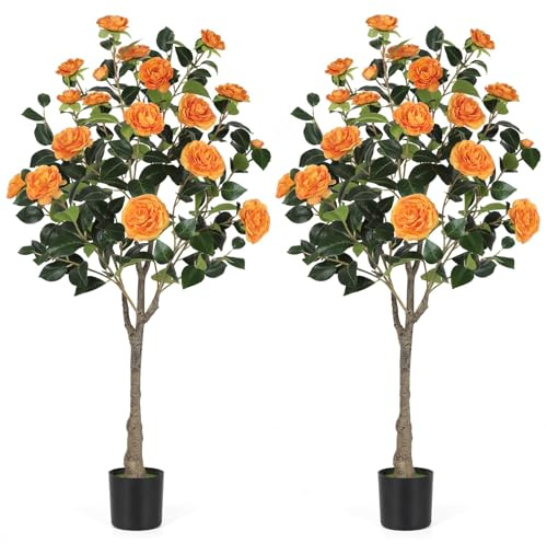 4FT Artificial Camellia Tree with Blooming Orange Flowers 2 Pack | Free Maintencace 4 FT Fake Tree, Faux Plants with Blooming Flowers, for Indoor Outdoor Home Office Front Door Decor
