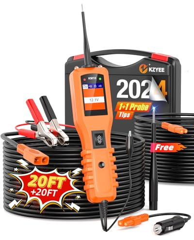 KZYEE KM10 Power Circuit Probe Tester, 12V 24V Electrical System Diagnostic Kit, AC DC Diode Resistance Relay Tester, Component Activation, Short/Ground/Continuity/Trailer Test, 20FT+20FT Cable