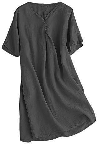 FTCayanz Robe Femme Été Lin Col en V Manches Courtes Ample Casual Midi Robe Tunique Blouse Noir XL