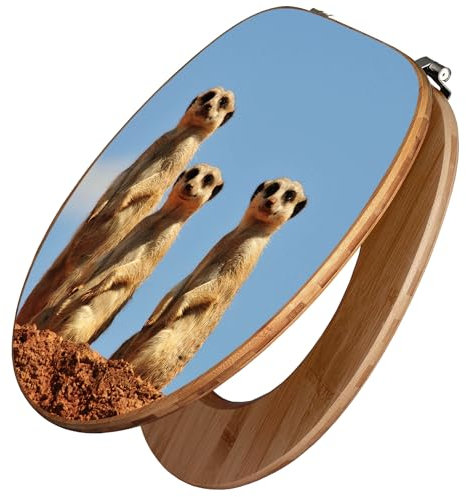banjado Design WC Sitz Bambus 45x37,5cm / Toilettendeckel Holz/hochwertiger Toilettensitz/Bambus-Toilettendeckel für alle gängigen Toiletten - Erdmännchenfamilie