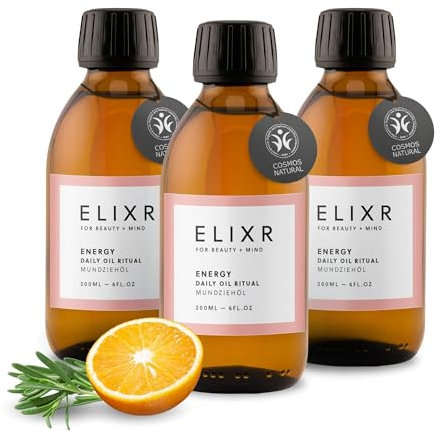 ELIXR Mundziehöl Energy mit Orange, Ingwer & Rosmarin | aus Höhle der Löwen | 3x200ml | ayurvedische Mundspülung pflegt auf natürliche Weise | zertifizierte Naturkosmetik aus Deutschland