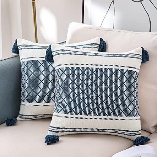 VOFANK 2er Set Boho Kissenbezug Baumwolle Kissenhülle Dekokissen Jacquard Quaste Dekorative Kissenbezüge Sofakissen für Sofa Couch Schlafzimmer Wohnzimmer Auto (Blau, 45 x 45 cm)