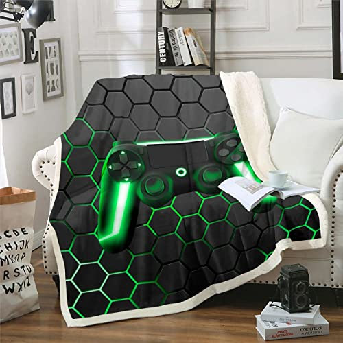 Spiel Fleecedecke für Jungen Spielen Überwurf Kinder Spieler Überwurf für Schlafsofa Couch Dekor grüne Neonlichter Gamepad Geometrie Waben Sechseck Plüschdecke ganzjährig 150 x 200 cm