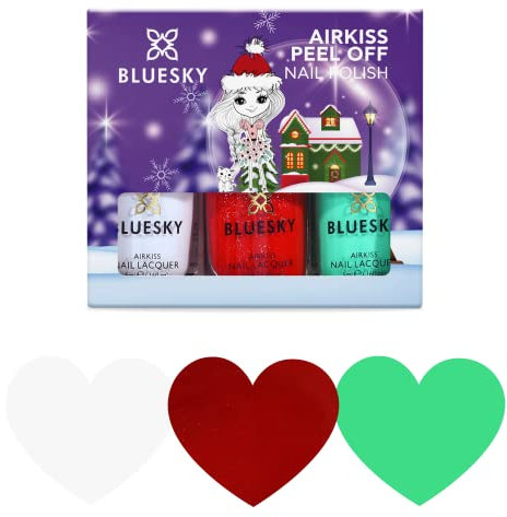 Bluesky Kids Nail Varnish Set – Christmas Candy Cane Collection. Green, White, Red. Easy Peel-off, Non-Toxic, Water- based, Odour-free Nail Polish for Kids, Gift Set, 3 x 5ml with Stickers
