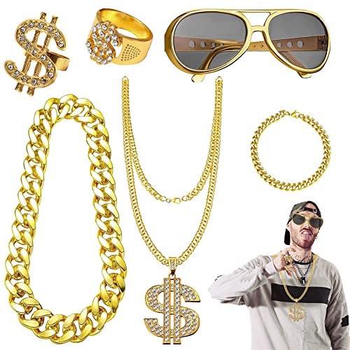 ASANMU Hip Hop Disco Kostüm Accessoires, 6 Stück Hip Hop Punk Kostüm Set Zeichen Goldkette Kit Punk Kostüm Set Ringe Sonnenbrille Goldkette Set 80er 90er Jahre Deko