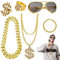 ASANMU Hip Hop Disco Kostüm Accessoires, 6 Stück Hip Hop Punk Kostüm Set Zeichen Goldkette Kit Punk Kostüm Set Ringe Sonnenbrille Goldkette Set 80er 90er Jahre Deko