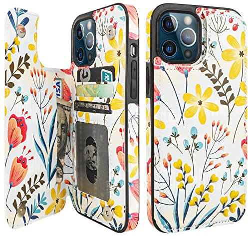 HAOPINSH for iPhone 12 Pro Max Wallet Case with Card Holder, Floral Flower Pattern Back Flip Folio PU Leather Kickstand Card Slots Case for Women Girls, Double Magnetic Clasp Shockproof Cover 6.7