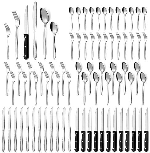 Gymdin Set de Couverts 72 Pièces, Service de Table 12 Personnes, Set de Couverts de Haute Qualité avec Couteau à Steak, Couteau, Fourchette, Cuillère,Elégant Acier Inoxydable Couvert