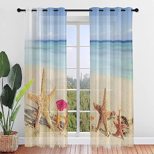 Hiseng 2 Pezzi Tende Voile Trasparente Interni, Decorativi Sheer Tenda per Camera da Letto Finestre Porta Cucina Soggiorno, 3D Vista Mare Stampa Semi Trasparente Tende (55x95cm,Stella Marina)