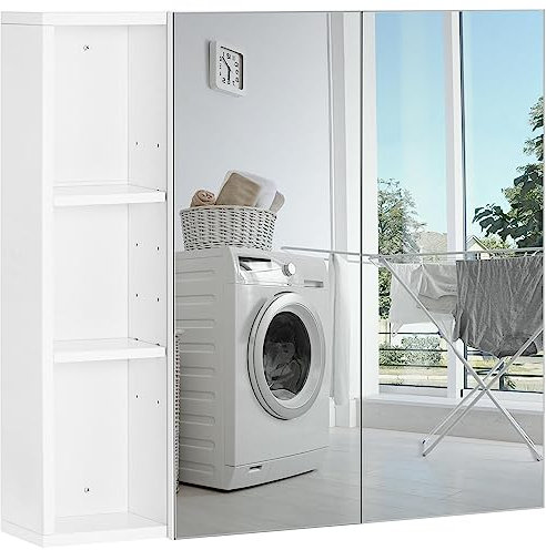 Yaheetech Spiegelschrank Badezimmerschrank Hängeschrank mit 2 Türen und 3 Höhenverstellbaren Ablagen Wandschrank für Badezimmer Waschraum Wohnzimmer, 70 × 65 × 15 cm