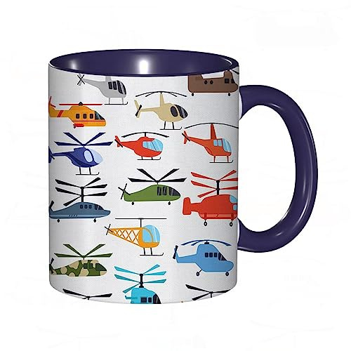 RFSHOP Kaffeetasse mit Cartoon-Hubschrauber, buntes Flugzeug-Druck, 325 ml, Keramik-Teetasse mit Griff, für Zuhause, Büro, Weihnachten, Geburtstag
