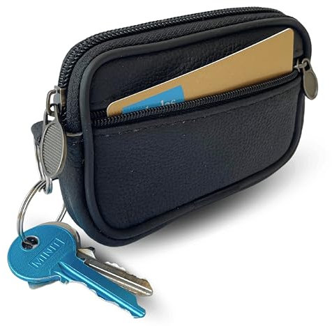 Monedero Hombre Pequeño Piel | Porta Monedas con Doble Cremallera de Seguridad | Monedero Viaje con Arandela para Llaves con Cinta de Cuero para Llevarlo en el Cinturón (Negro)