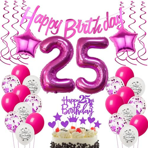 Deko 25. Geburtstag Frauen Luftballons - Geschenk und Tortendeko für Frau - Rosa Dekoration für 25 Jahre