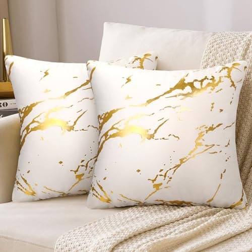 Kissenbezug 40x40 Samt Weiß 2er Set Gold Marmor Muster Sofakissen Dekokissen Couchkissen Dekorative Kissenhülle Modern Luxus Kissenbezüge für Sofa Couch Schlafzimmer Wohnzimmer