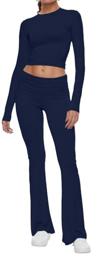 AnotherChill 2-teiliges Lounge-Set für Damen, umklappbar, ausgestelltes Hosen-Set, langärmelig, bauchfreies Oberteil, lässige Outfits, Pyjamas, Marineblau/Blau, L