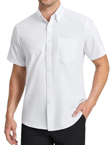 HISDERN Men's White Short Sleeve Oxford Shirt Smart Formal Casual Shirts for Men Adult Solid with Pocket Office Summer, 2XL