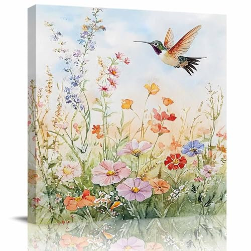 Leinwandbild mit Frühlingsblumen, für Wohnzimmer, farbige Wildblumen, Kolibri, Wanddekoration, Gemälde, Drucke, Aquarell-Stil, gerahmte Wandkunst für Schlafzimmer, Badezimmer, Büro, Heimdekoration,