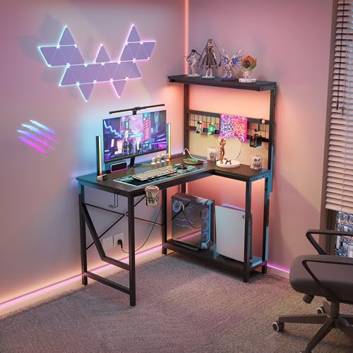METYERRY 42 L-Shaped Gaming Desk with Power Outlets and LED Lights, Reversible Gamer Table, 3 Tier Shelves, Hooks and Cup Holder, Carbon Fiber Black for Home Office
