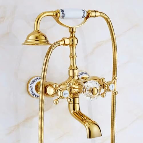 Wall Mounted Bath Mixer Taps with Shower Head Double Lever Bath Shower Mixer Kit Tap Cold and Hot Bath Shower Tap, Gold B