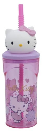 VARZI Vaso infantil reutilizable con pajita y tapa con figura 3D y capacidad 360 ml de Hello Kitty + Bolígrafo Multicolor Hello Kitty 10 Colores