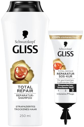 Gliss Shampoo Total Repair (250 ml), Haarshampoo mit flüssigem Keratin & Blüten-Nektar & SOS-Intensiv-Kur Total Repair (15 ml), Haarkur mit Keratin für intensive Reparatur und Pflege